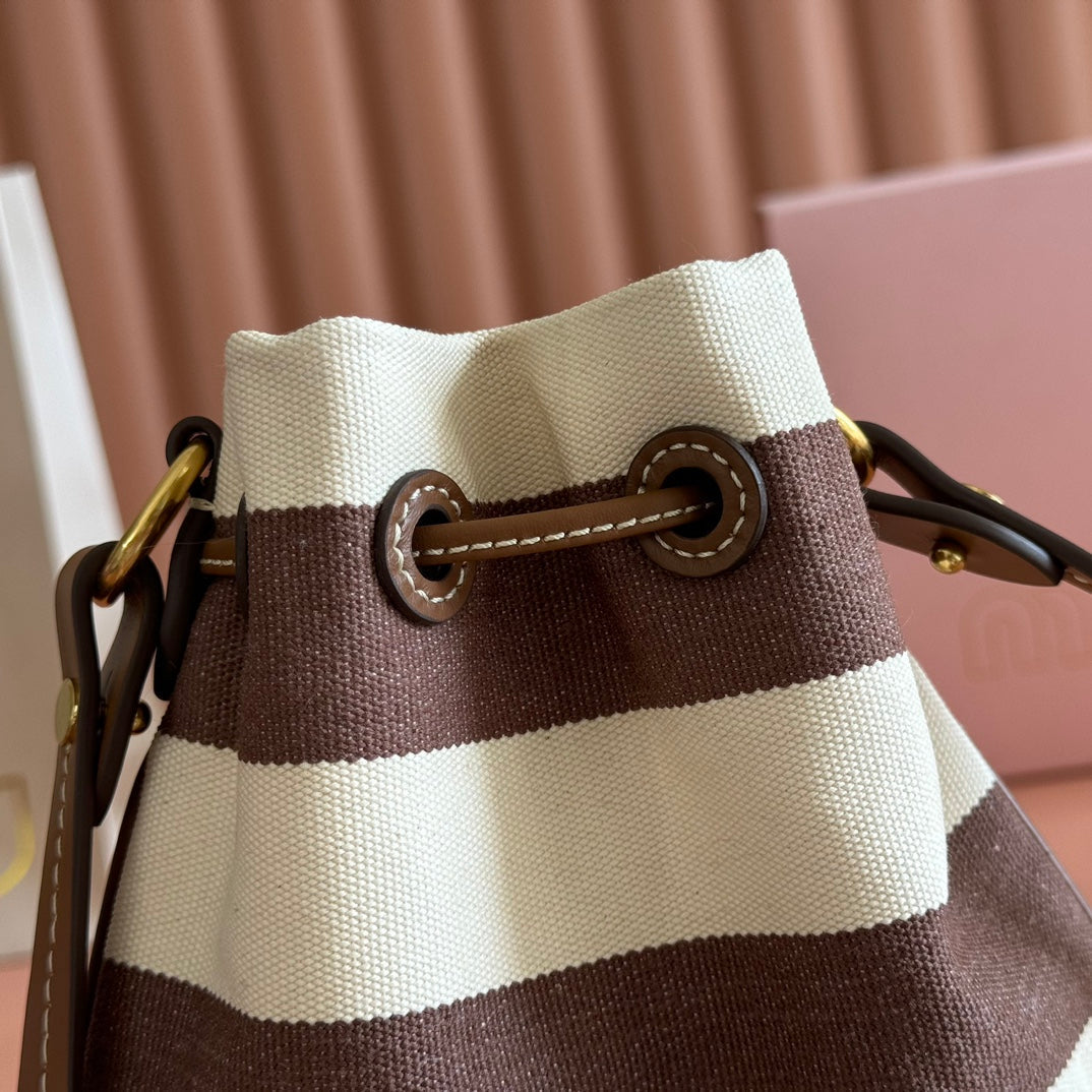 MIUMIU 26S BUCKET BAG 23 IN CREAM AND BROWN CANVAS GOLD HARDWARE
