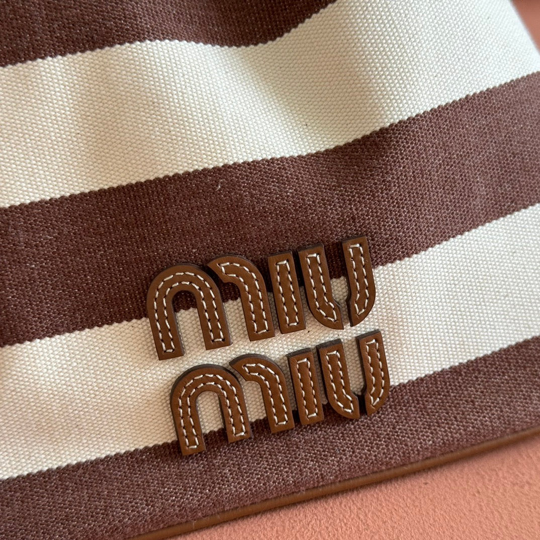 MIUMIU 26S BUCKET BAG 23 IN CREAM AND BROWN CANVAS GOLD HARDWARE
