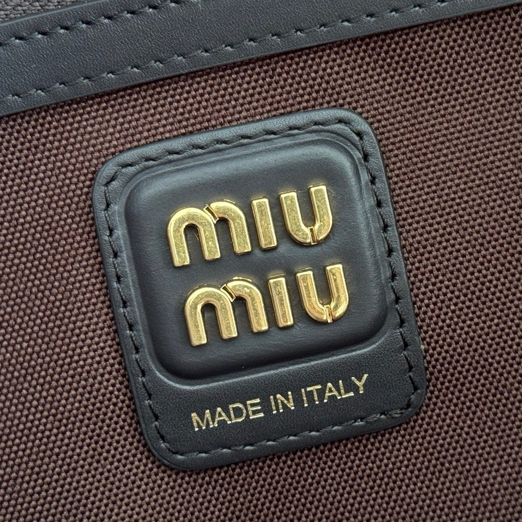 MIUMIU 26S IVY 40 TOTE IN IN CHOCOLATE BROWN CANVAS AND BLACK CALFSKIN