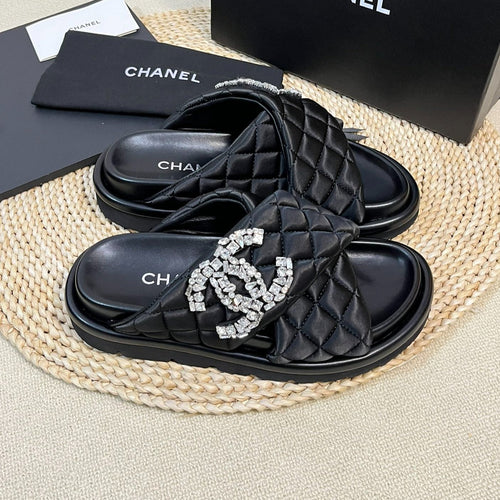 CHANEL Women's slippers with two crossed straps sheepskins black