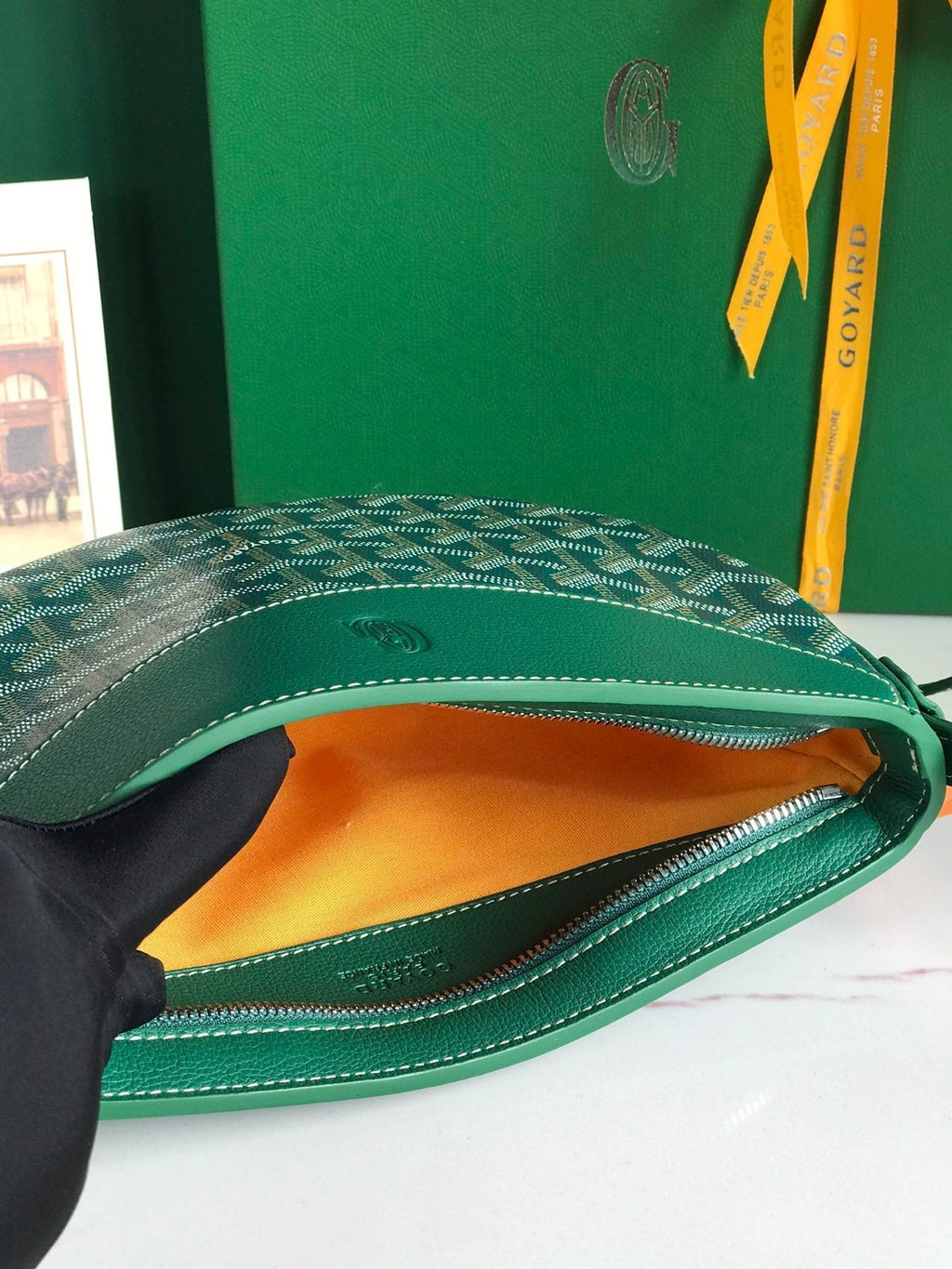 HIRONDELLE BAG 25 IN GREEN LAMBSKIN AND GOYARDINE CANVAS