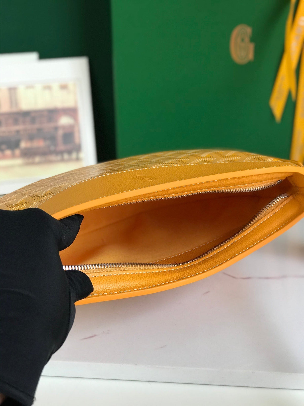 HIRONDELLE BAG 25 IN YELLOW LAMBSKIN AND GOYARDINE CANVAS