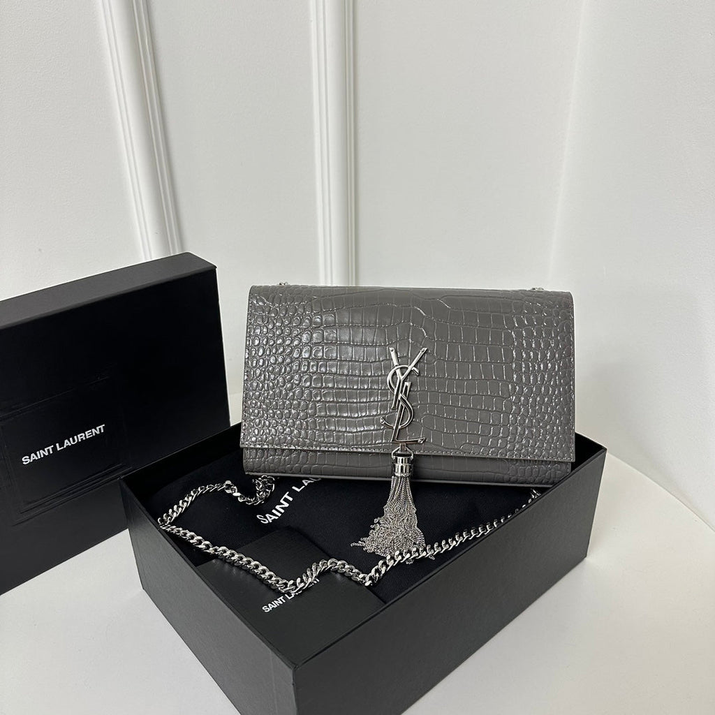 KATE TASSEL 24 CROCODILE PATTERN DARK GREY CALFSKIN