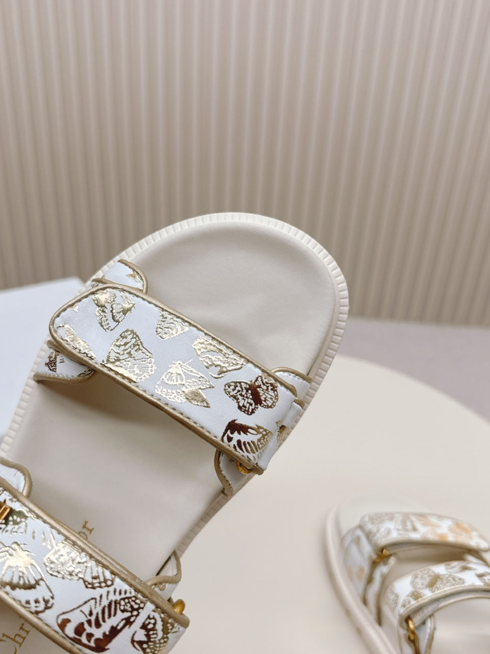 DIOR BACK-STRAP SANDALS 25S IN CREAM WHITE AND GOLD CALFSKIN WITH BUTTERFLY MOTIF