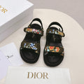 DIOR BACK-STRAP SANDALS 25S IN MOSS GREEN AND BLACK CALFSKIN EMBROIDERED WITH PETITES FLEURS