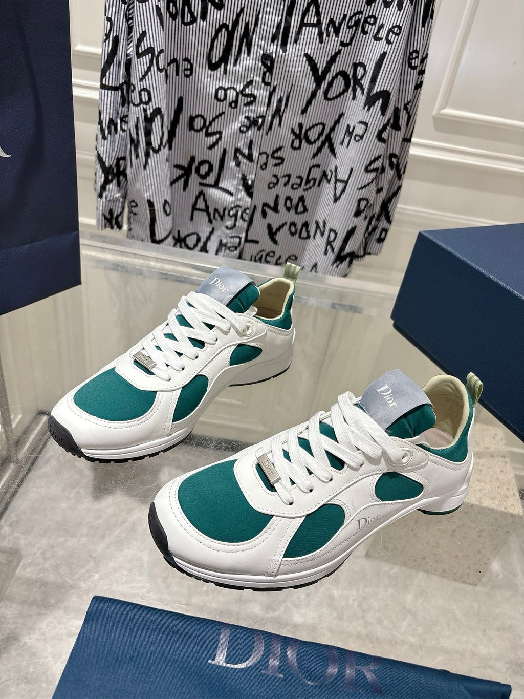 DIOR 25S MILE SERIES SNEAKERS 25MM IN WHITE DARK TEAL CALFSKIN
