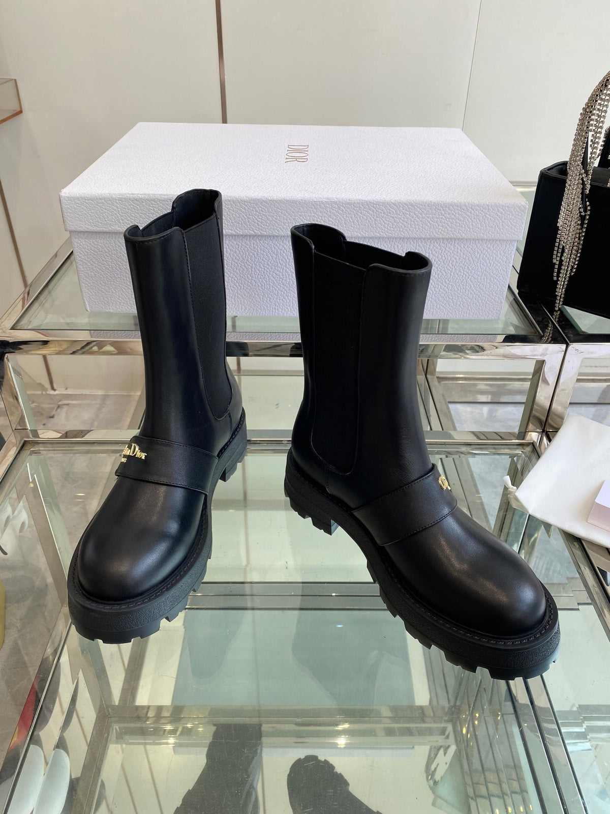 DIOR 25S D-QUEST ANKLE BOOT 35MM IN BLACK CALFSKIN GOLD HARDWARE