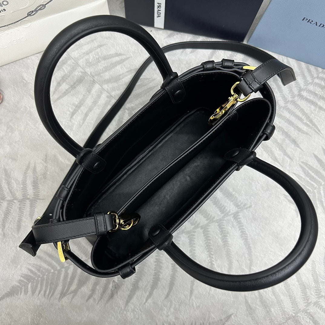 PRADA 25S BUCKLE MEDIUM HANDBAG 28 IN BLACK CALFSKIN GOLD HARDWARE