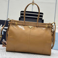 PRADA 25S LUX SOFT BAG 42 IN CARAMEL GLOSSY CALFSKIN GOLD HARDWRE