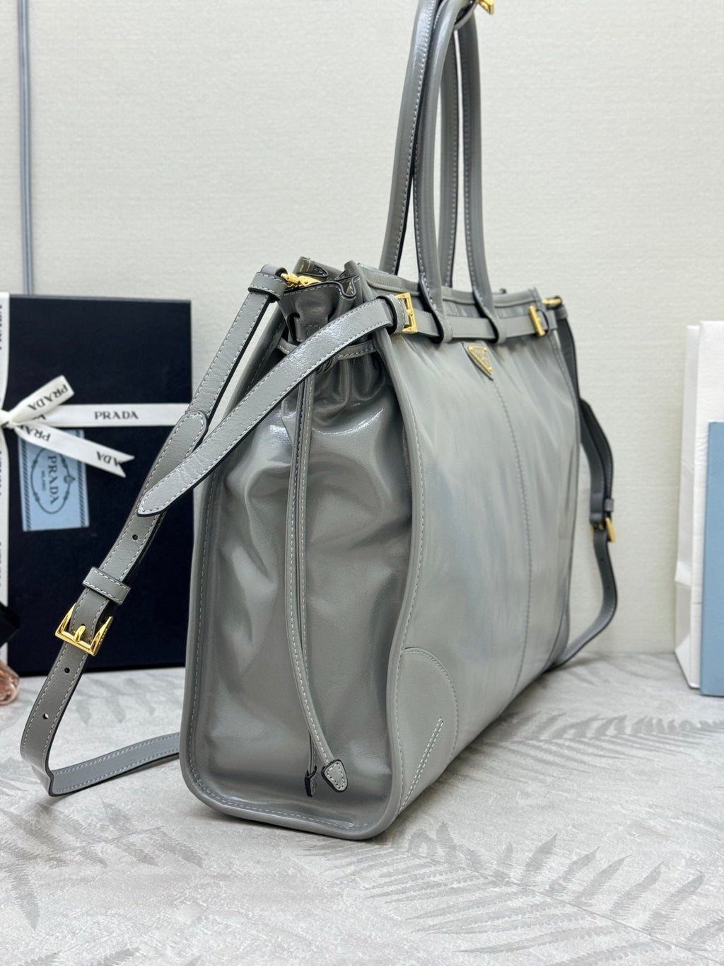PRADA 25S LUX SOFT BAG 42 IN GRAY GLOSSY CALFSKIN GOLD HARDWRE