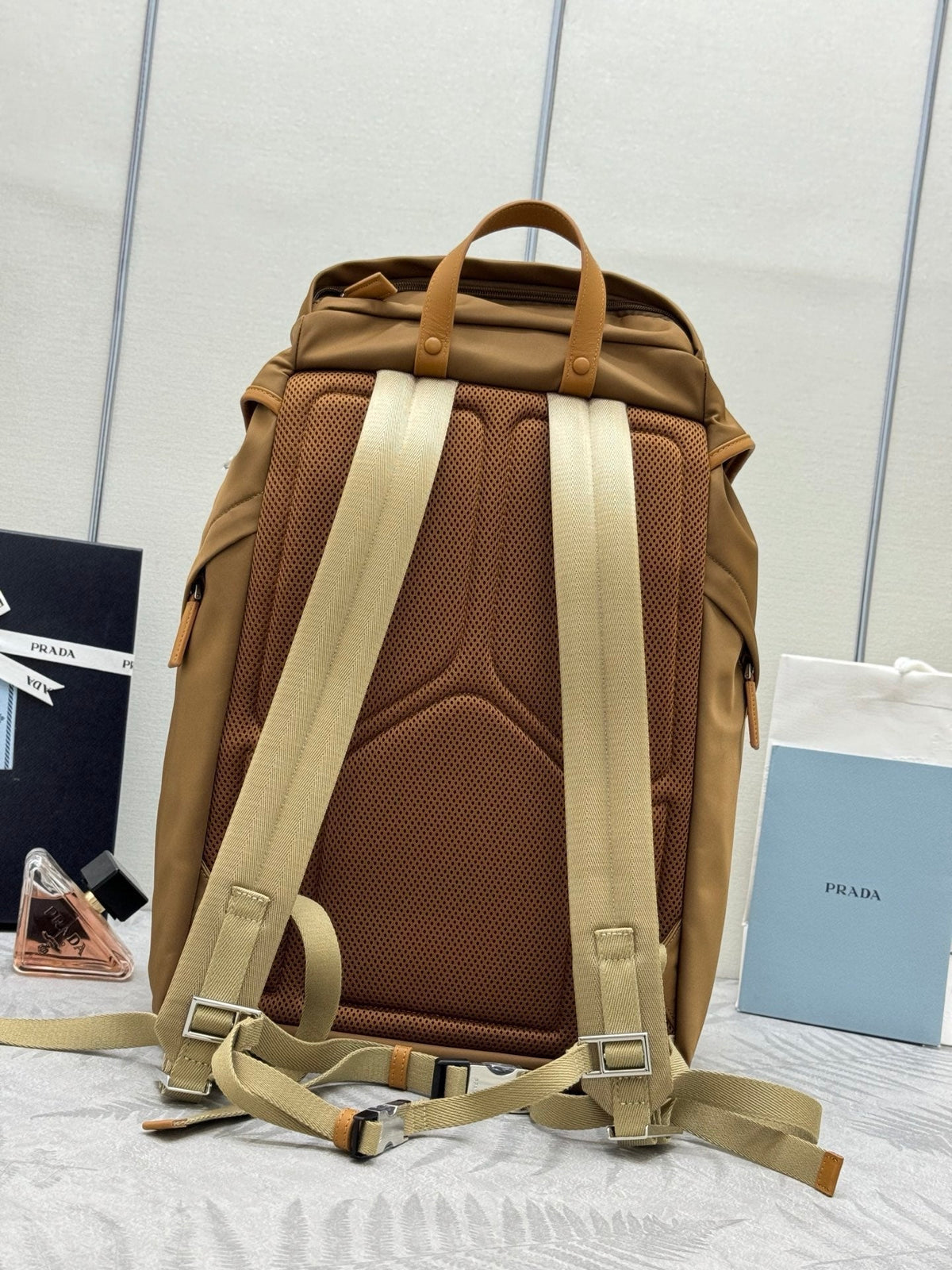 PRADA 25S RE-EDITION 1978 RE-NYLON BACKPACK 52 IN BROWN SILVER HARDWARE