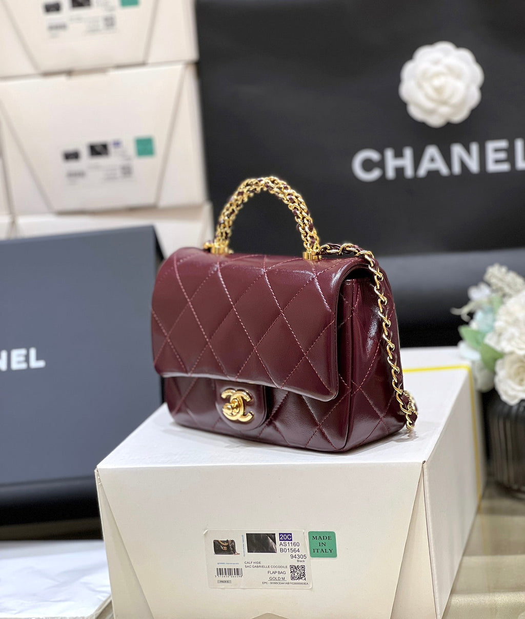 CHANEL TOP HANDLE 19 IN WINE RED LAMBSKIN GOLD HARDWARE