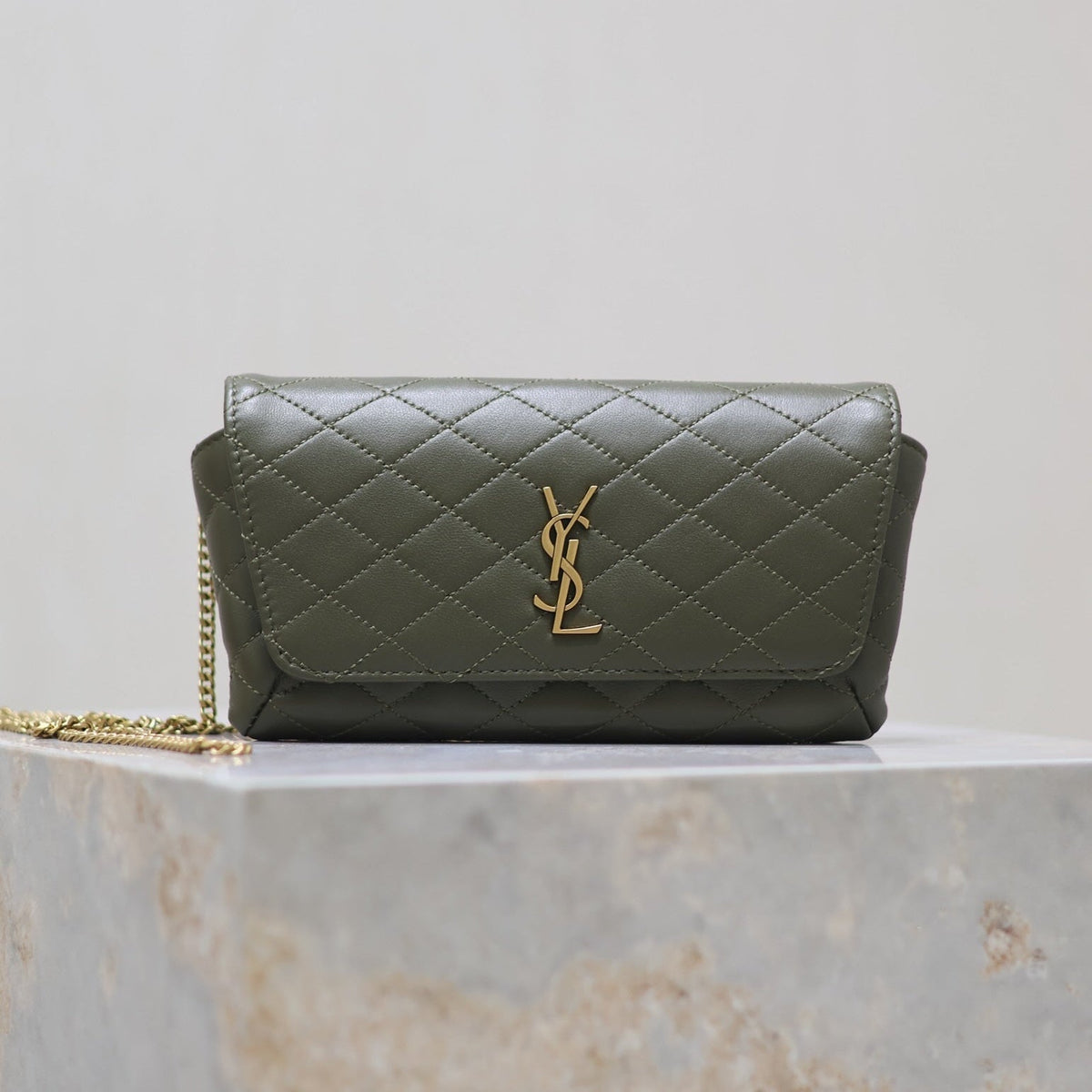 YSL 25S SAINT LAURENT GABY 19 IN DARK OLIVE QUILTED CALFSKIN GOLD HARDWRE