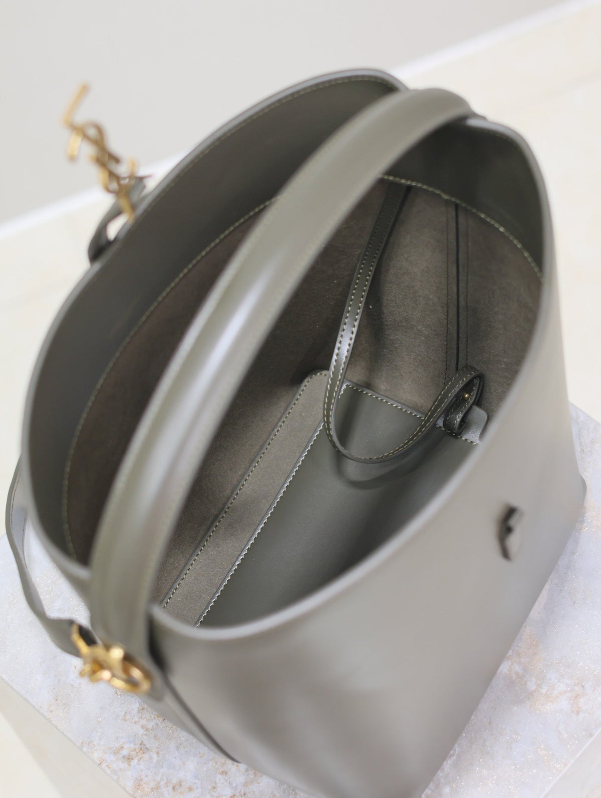 YSL 25S LE 5 À 7 BUCKET 26 IN DARK OLIVE CALFSKIN GOLD HARDWRE
