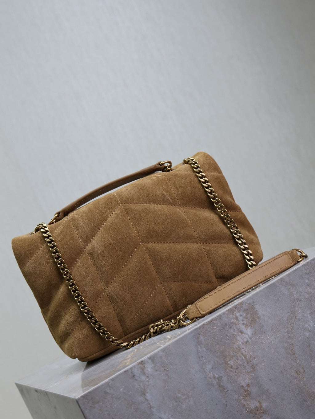 YSL 25S LOULOU PUFFER MINI 23 IN TAN BROWN SUEDE GOLD HARDWARE