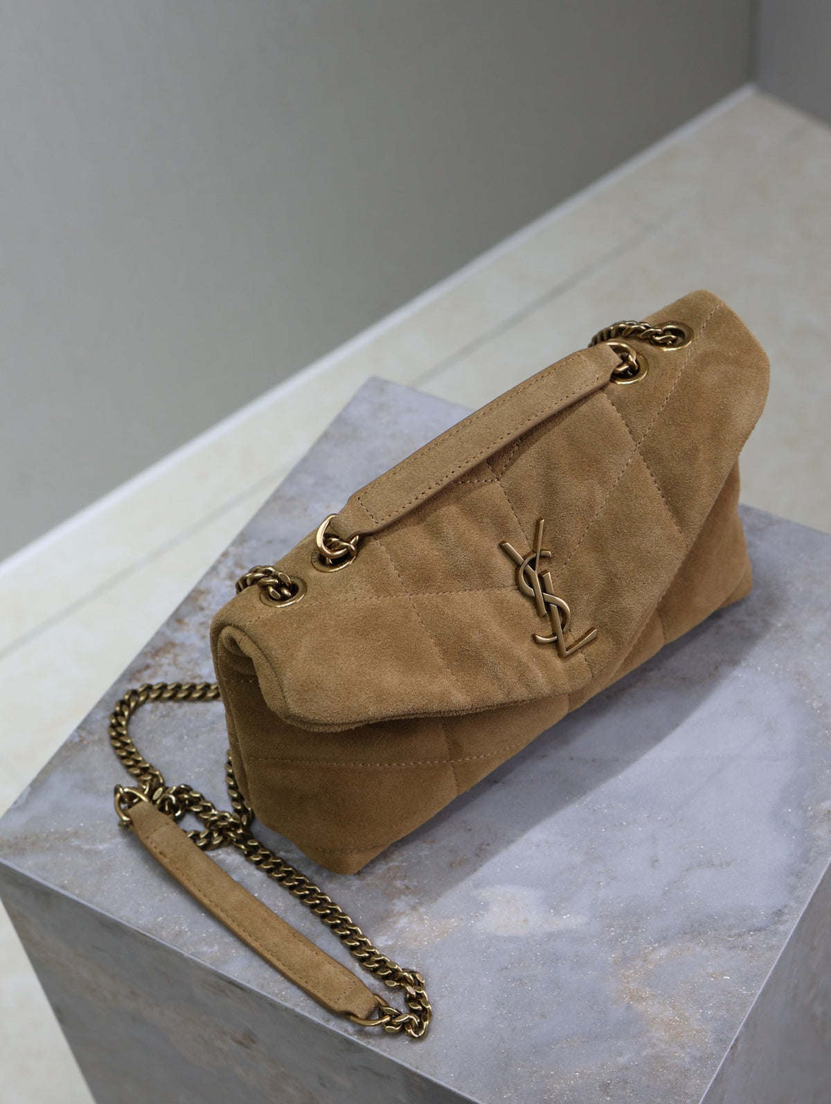 YSL 25S LOULOU PUFFER MINI 23 IN TAN BROWN SUEDE GOLD HARDWRE