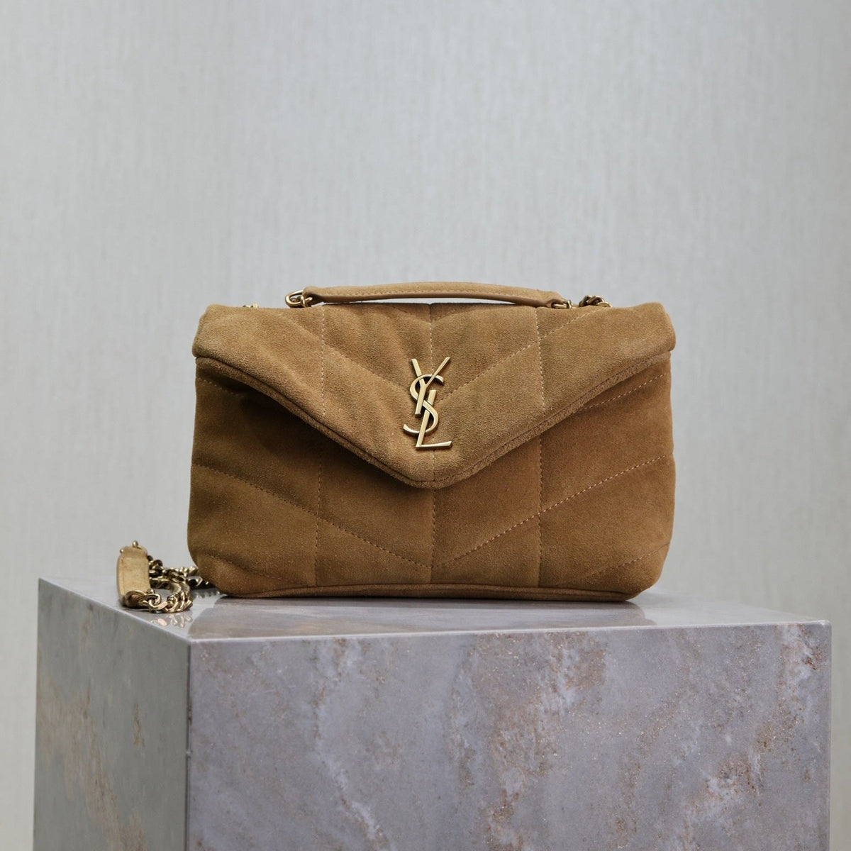 YSL 25S LOULOU PUFFER MINI 23 IN TAN BROWN SUEDE GOLD HARDWRE