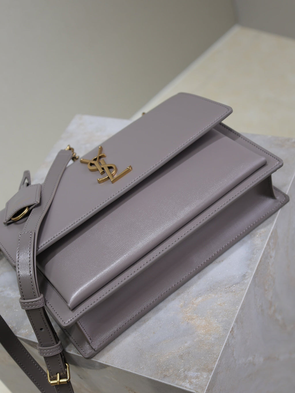 YSL 25S SUNSET MM 25 IN GRAYISH PURPLE CALFSKIN GOLD HARDWRE
