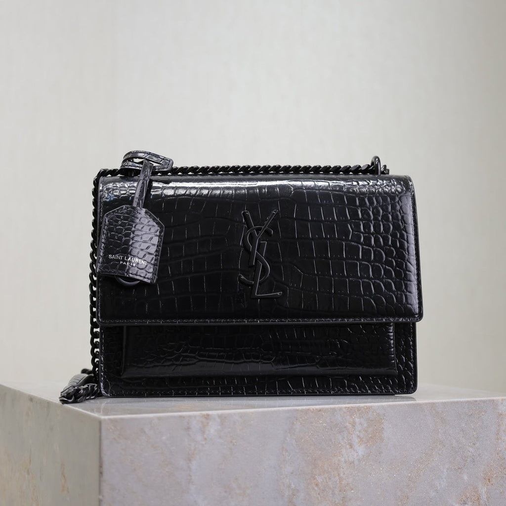 YSL 25S SUNSET MEDIUM 22 IN BLACK CROCODILE-EMBOSSED SHINY CALFSKIN BLACK HARDWRE