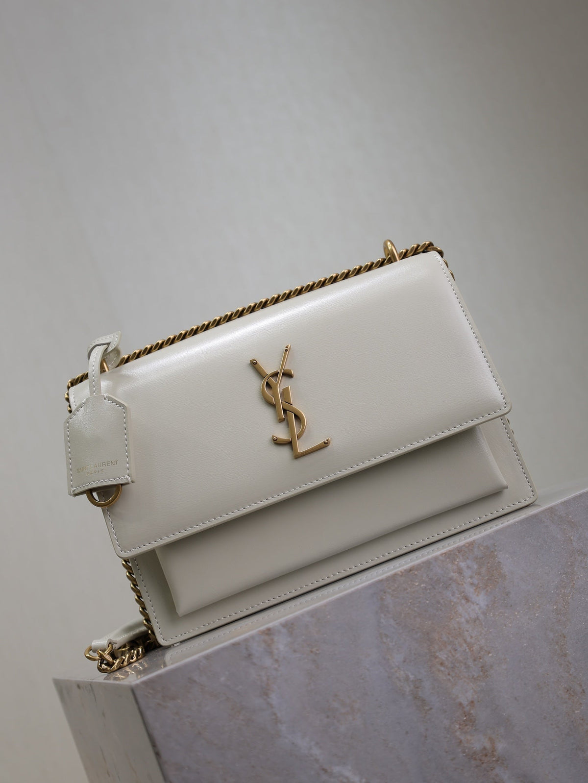 YSL 25S SUNSET BAG 22 IN IVORY CALFSKIN GOLD HARDWRE