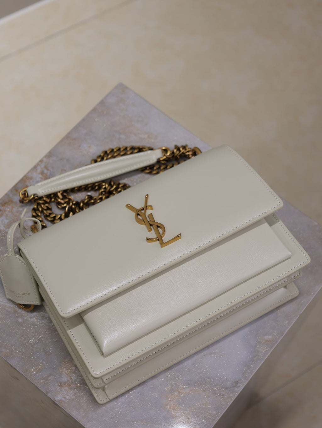 YSL 25S SUNSET BAG 22 IN IVORY CALFSKIN GOLD HARDWRE