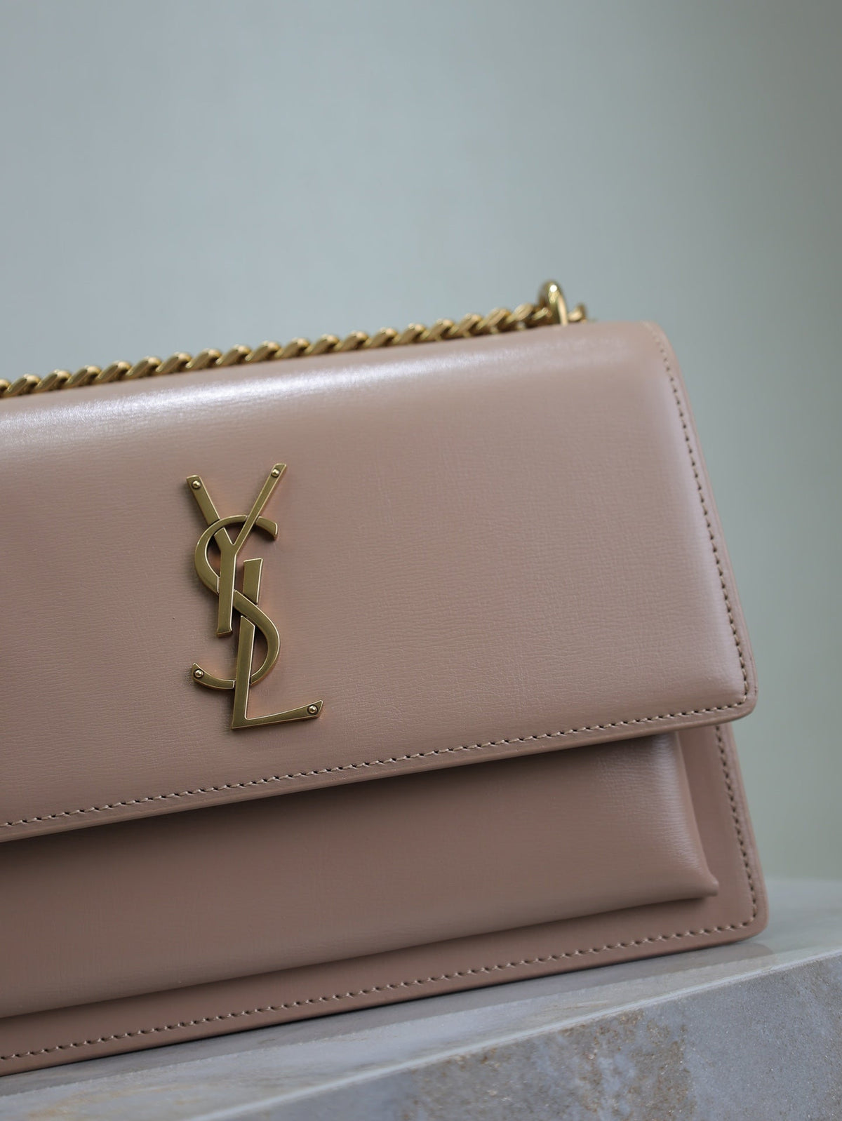 YSL 25S SUNSET BAG 22 IN WARM TAUPE PINK CALFSKIN GOLD HARDWRE