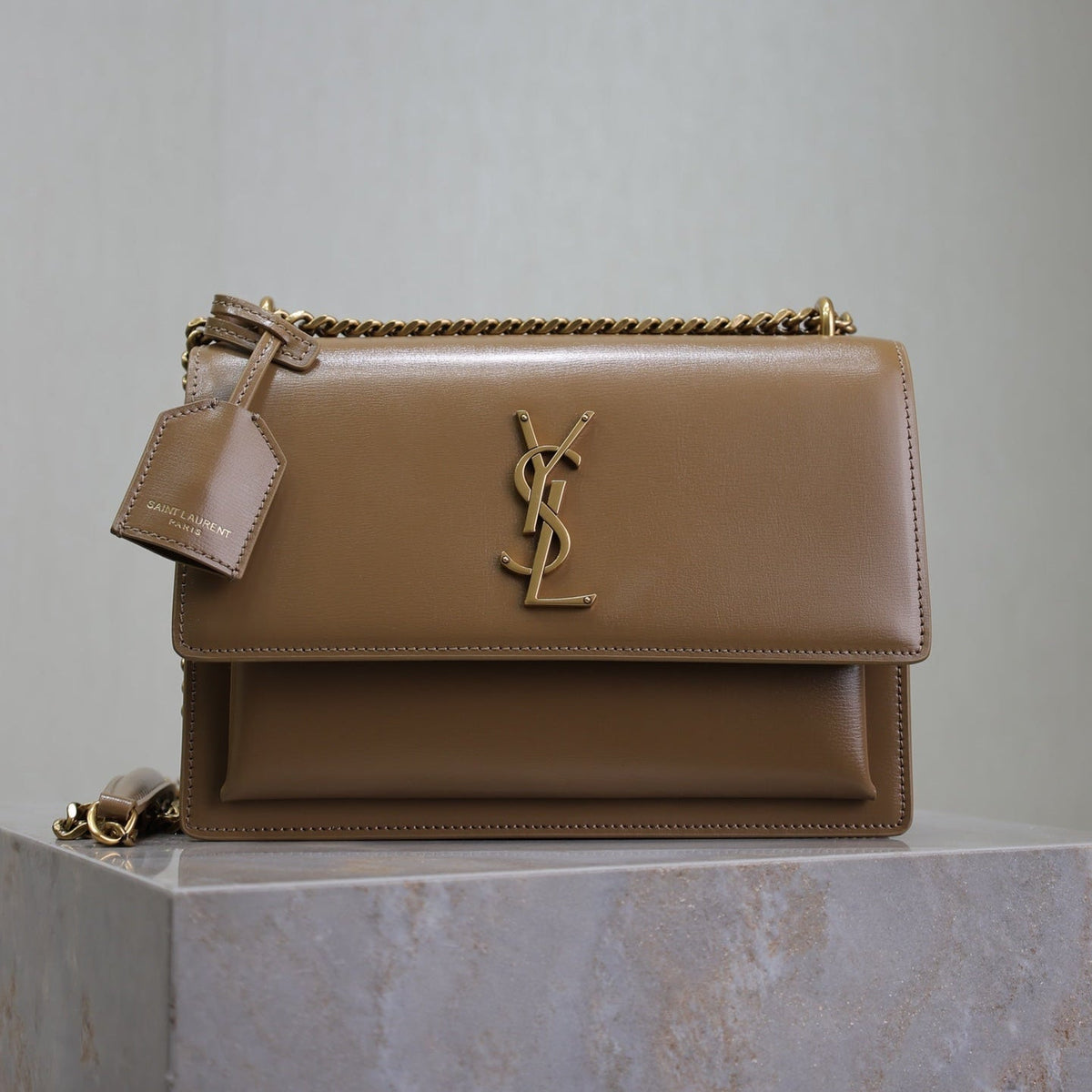 YSL 25S SUNSET BAG 22 IN BROWN CALFSKIN GOLD HARDWRE