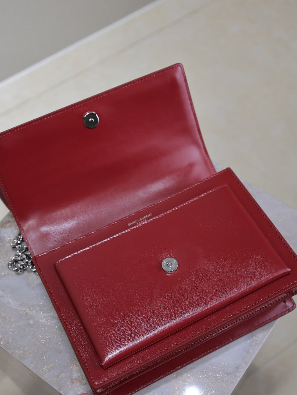 YSL 25S SUNSET BAG 22 IN CRIMSON RED CALFSKIN SILVER HARDWRE